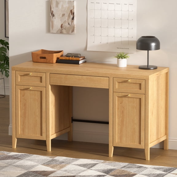 EYYTHUNG 52" Large Executive Desk with Drawers, Farmhouse Wooden Home Office Desk with Storage Cabinet, Modern Computer Writing Desk for Work Study, Workspace, Natural Oak