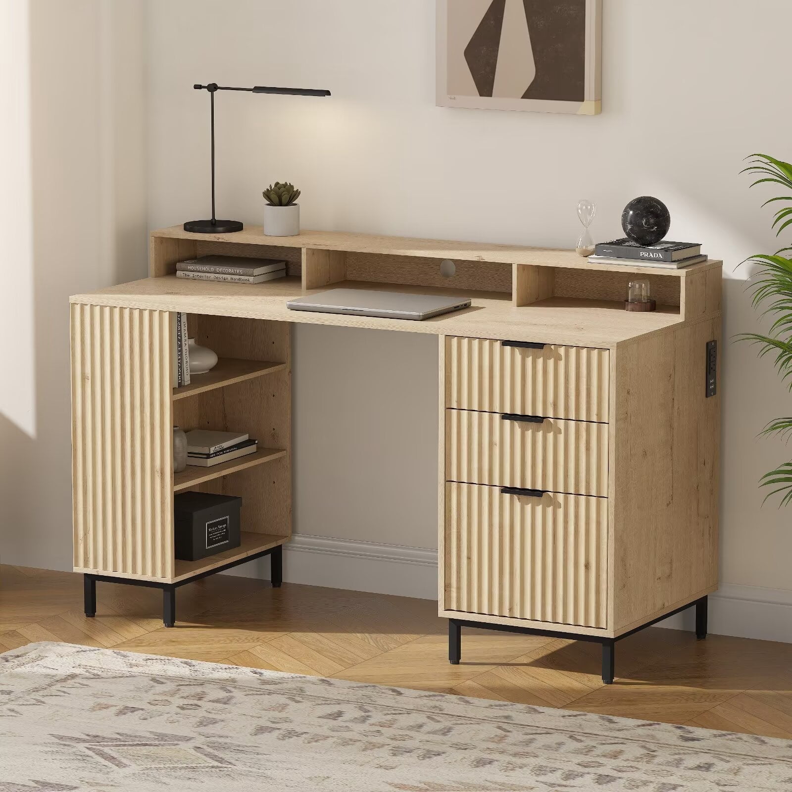 EYYTHUNG 55" Fluted Executive Desk with Charging Station, Modern Wood Home Office Desk with Storage Shelf & File Drawer, Writing Study Computer Table for Work Study, Light Oak