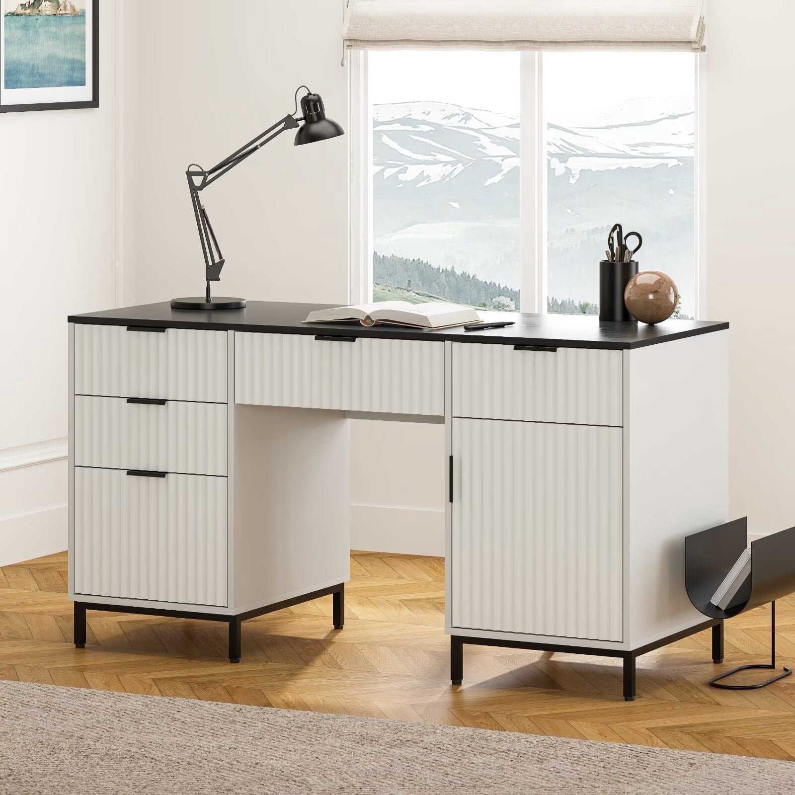 EYYTHUNG 55" Fluted Executive Desk, Modern Wood Computer Writing Desk Home Office Desk with Charging Station, Keyboard Tray, File Drawer, Storage Cabinet White