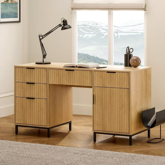 EYYTHUNG 55" Fluted Executive Desk, Modern Wood Computer Writing Desk Home Office Desk with Charging Station, Keyboard Tray, File Drawer, Storage Cabinet