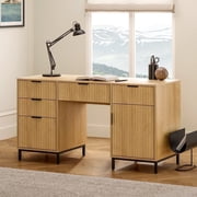 EYYTHUNG 55 Fluted Executive Desk, Modern Wood Computer Writing Desk Home Office Desk with Charging Station, Keyboard Tray, File Drawer, Storage Cabinet