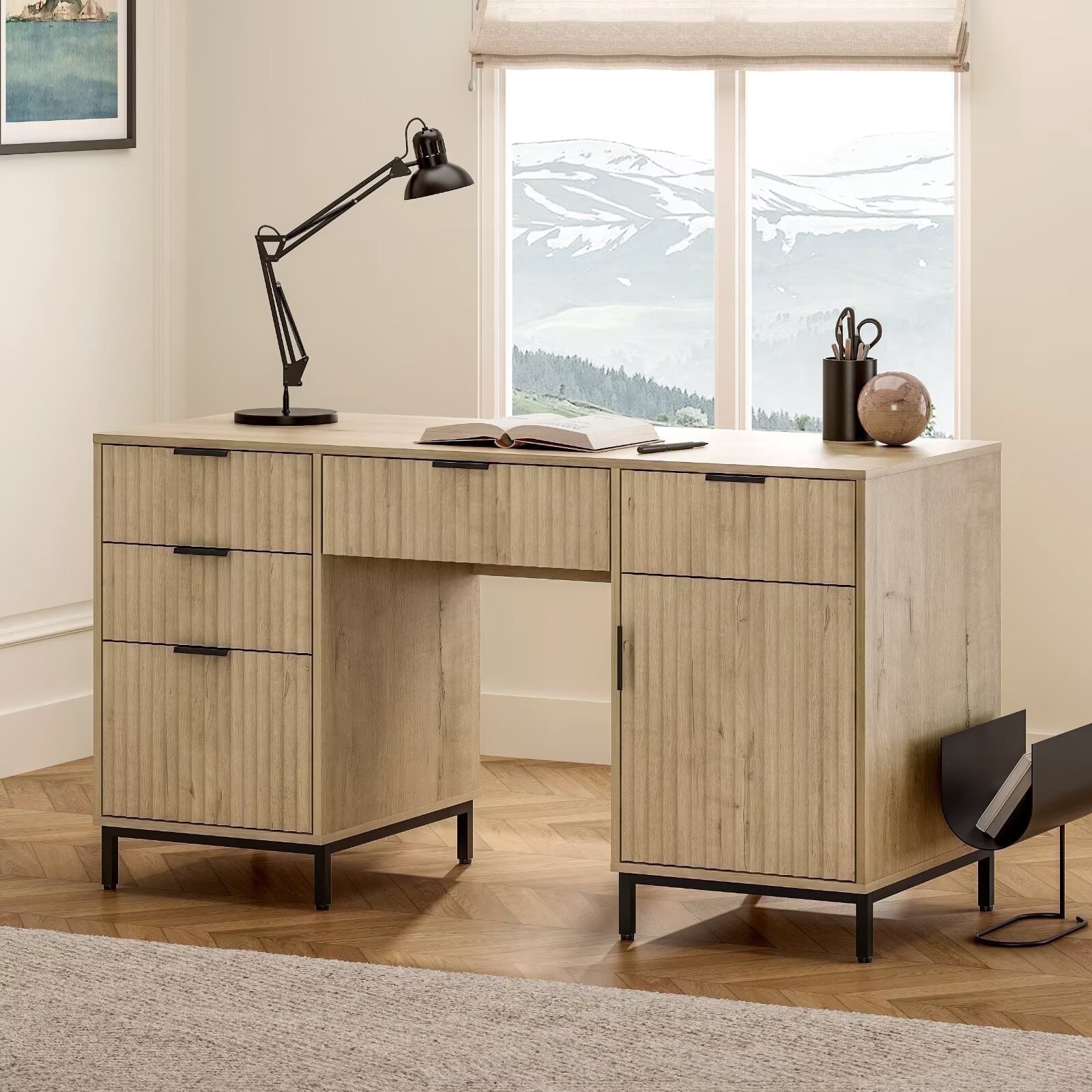 EYYTHUNG 55" Fluted Executive Desk, Modern Wood Computer Writing Desk Home Office Desk with Charging Station, Keyboard Tray, Storage Cabinet Light Oak