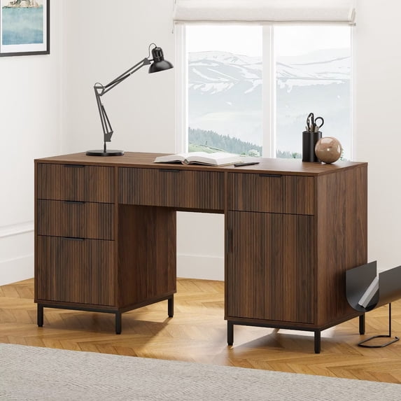 EYYTHUNG 55" Fluted Executive Desk, Modern Wood Computer Writing Desk Home Office Desk with Charging Station, Keyboard Tray, Brown