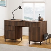 EYYTHUNG 55" Fluted Executive Desk, Modern Wood Computer Writing Desk Home Office Desk with Charging Station, Keyboard Tray, Brown