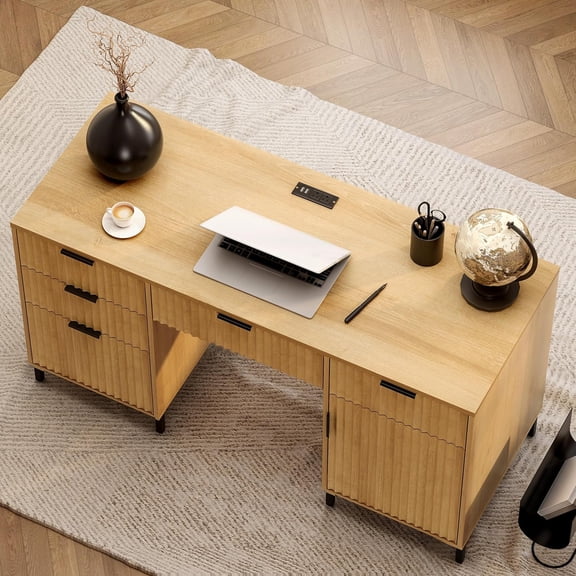 EYYTHUNG 55" Fluted Executive Desk, Modern Wood Home Office Desk with Charging Station, Keyboard Tray, File Drawer, Storage Cabinet, Computer Writing Desk for Work Study Writing, Natural Oak