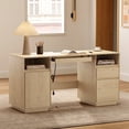 thumbnail image 1 of EYYTHUNG 59" Executive Desk, Farmhouse Large Home Office Desk with File Drawer & Outlet & Storage Cabinet, Wood Computer Desks with Keyboard Tray, Light Oak, 1 of 7