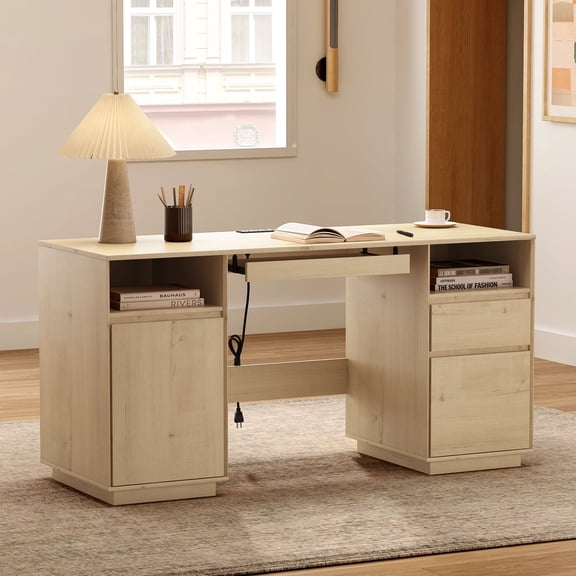 EYYTHUNG 59" Executive Desk, Farmhouse Large Home Office Desk with File Drawer & Outlet & Storage Cabinet, Wood Computer Desks with Keyboard Tray, Light Oak