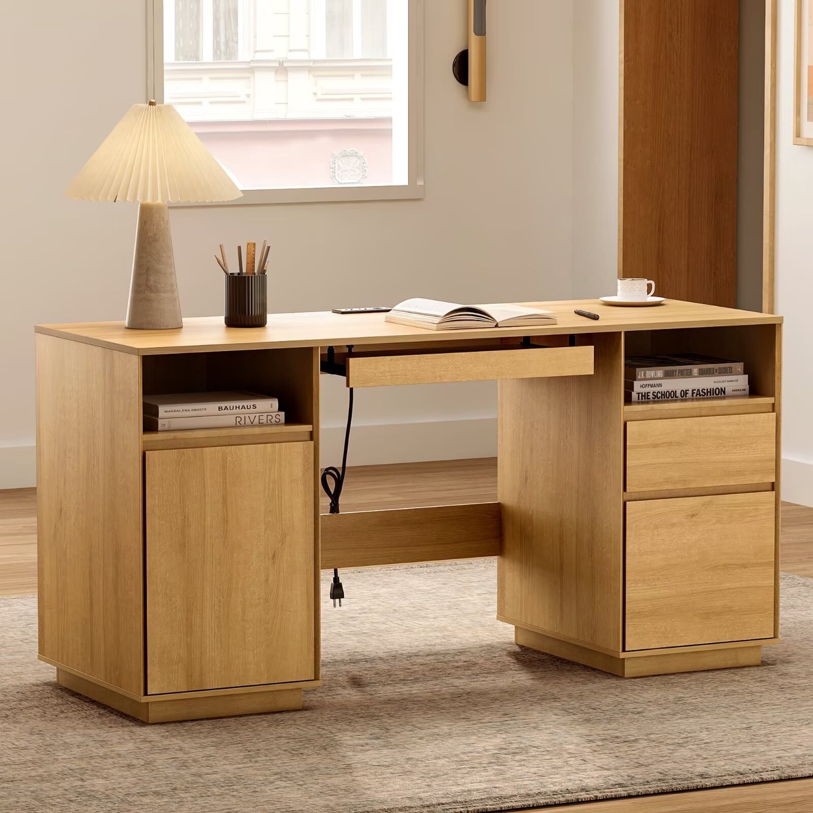 EYYTHUNG 59" Executive Desk, Farmhouse Large Home Office Desk with File Drawer & Outlet & Storage Cabinet, Wood Computer Desks with Keyboard Tray, Natural Oak