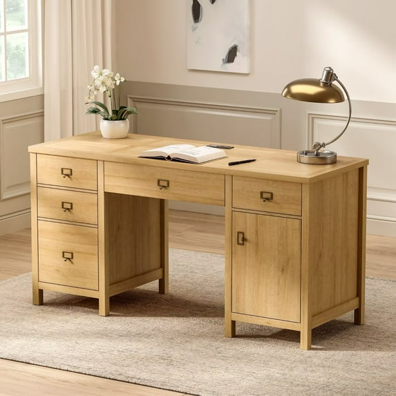 EYYTHUNG Executive Desk with Charging Station, Keyboard Tray, 59" x 21.65", Natural Oak, 1 Count