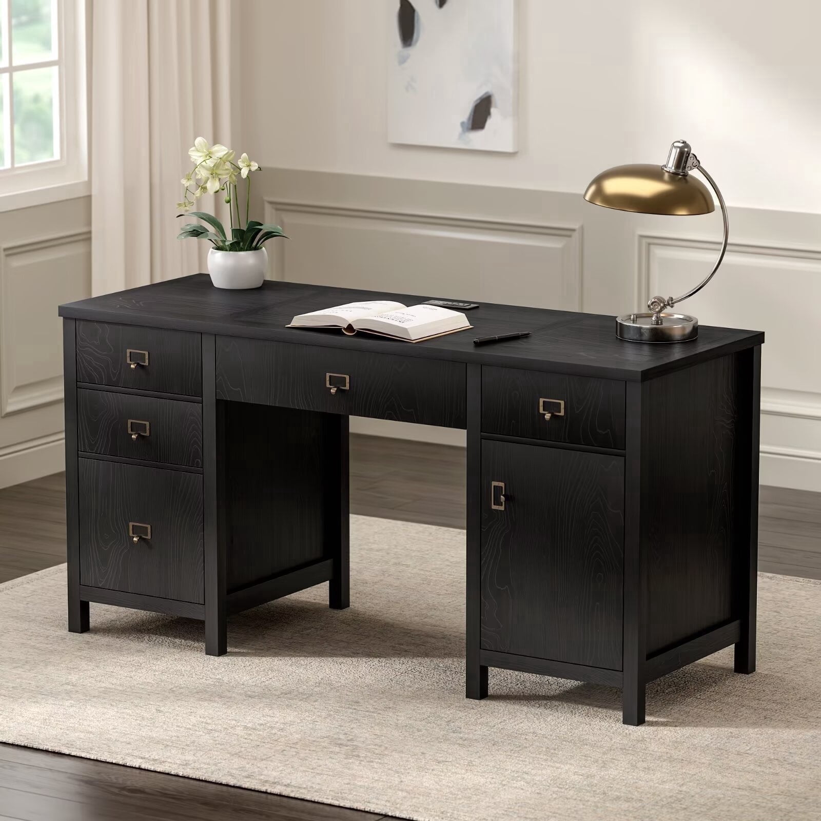 EYYTHUNG Black Executive Desk, 59" Modern Computer Desk with Charging Station Keyboard Tray, Black