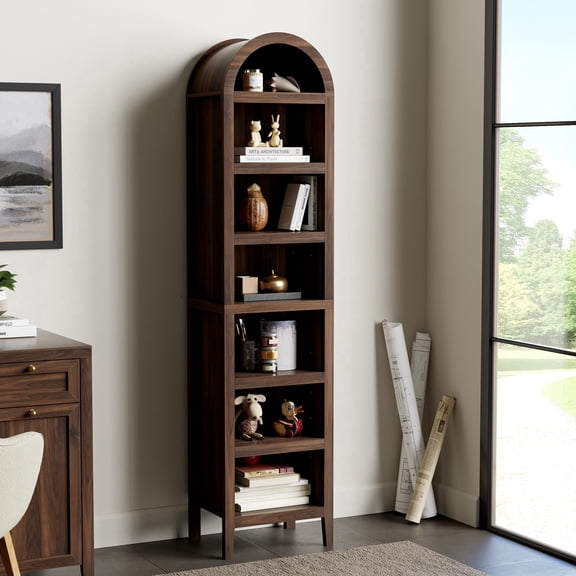 EYYTHUNG 67" Tall Arched Bookshelf, 7 Tiers Arch Display Bookcase, Narrow Wood Arch Book Shelf with Adjustable Shelves, Brown