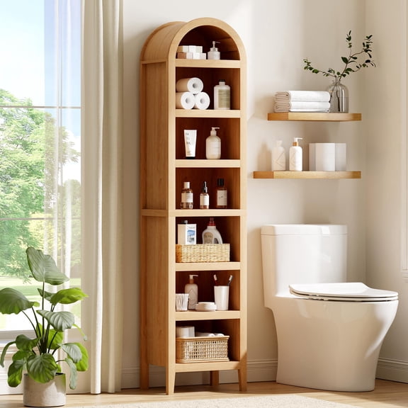 EYYTHUNG 67" Tall Arched Bookshelf, 7 Tiers Arch Display Bookcase, Narrow Wood Arch Book Shelf with Adjustable Shelves, Natural Oak