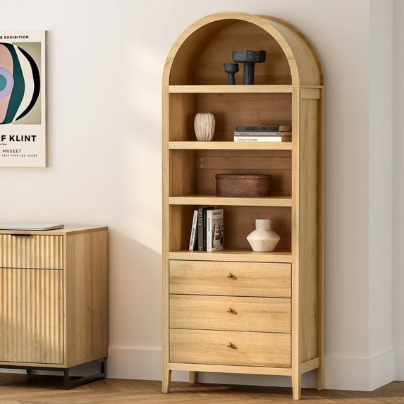 EYYTHUNG 71" Tall Arched Cabinet, 4-Tier Storage Cabinet with 3 Drawers and Shelves, Modern Farmhouse Arched Bookcase Versatile Boho Kitchen Pantry Cabinet, Natural Oak
