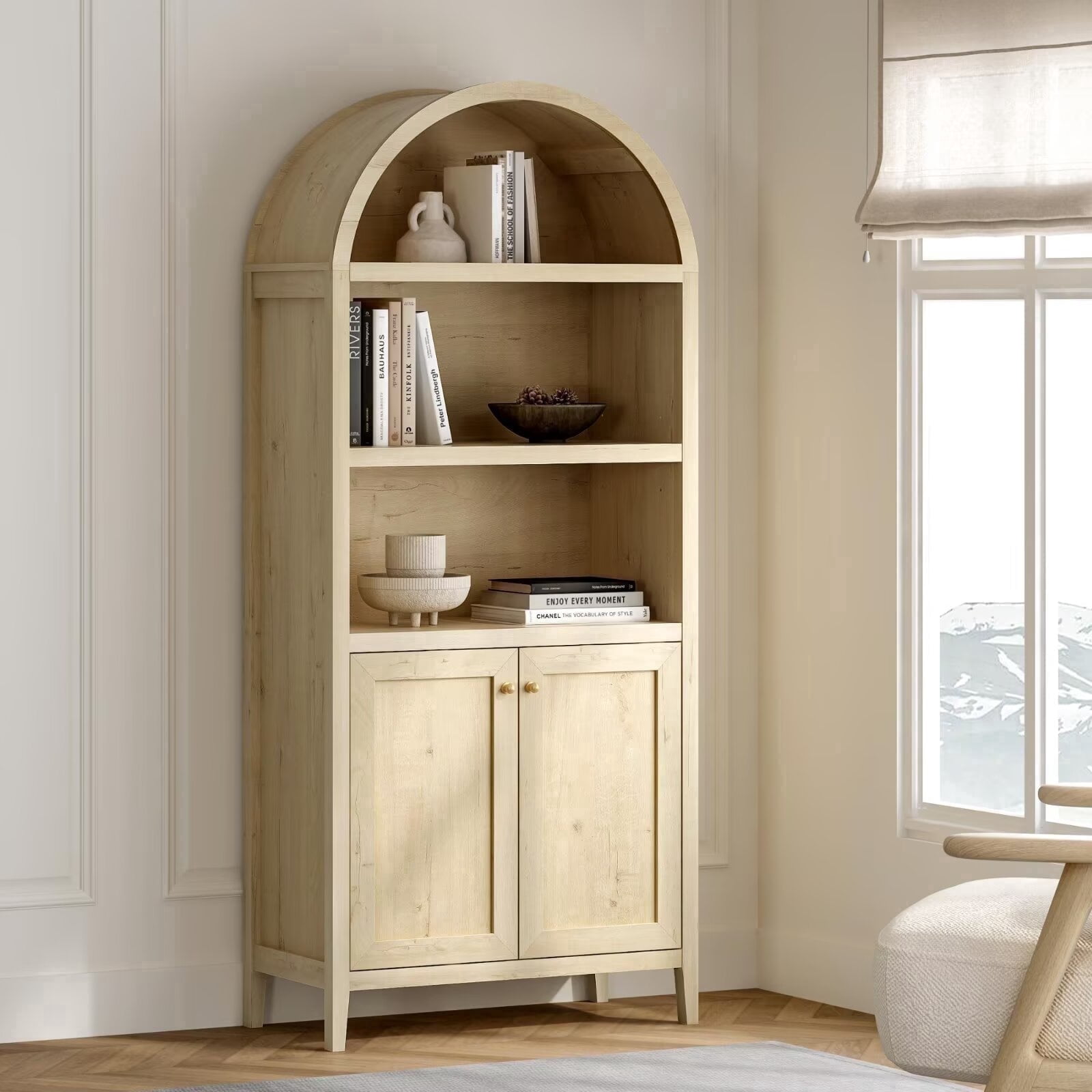 EYYTHUNG 71" Tall Arched Cabinet, 5-Tier Storage Cabinet with Shelves & Doors, Modern Farmhouse Bookshelf Pantry Organizer, Light Oak
