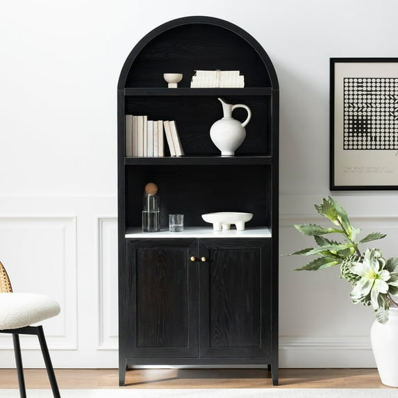 EYYTHUNG 71" Tall Arched Cabinet Modern Farmhouse 5-Tier Arched Bookcase Storage Display Cabinet with Faux Marble Top, Black