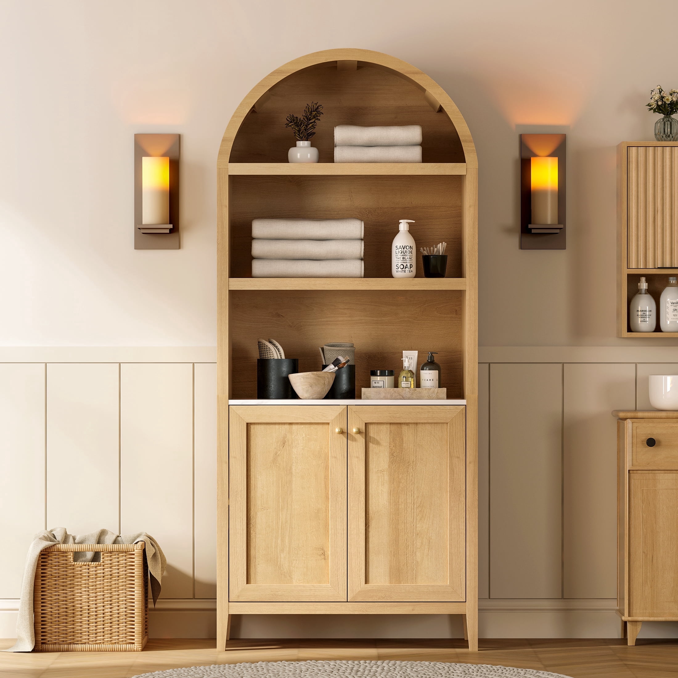 EYYTHUNG 71" Tall Arched Cabinet Modern Farmhouse 5-Tier Arched Bookcase Storage Display Cabinet with Faux Marble Top, Natural Oak