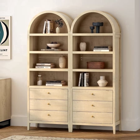 EYYTHUNG 71" Tall Arched Cabinet Set of 2, 4-Tier Storage Cabinet with 3 Drawers and Shelves, Modern Farmhouse Arched Bookcase Boho Kitchen Pantry Cabinet