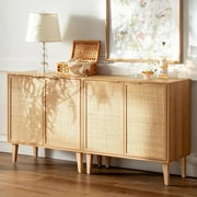 EYYTHUNG Accent Storage Cabinet Set of 2 Sideboard with Rattan Doors, Boho Farmhouse Buffet Cabinet Adjustable Shelf Credenza, Natural Oak