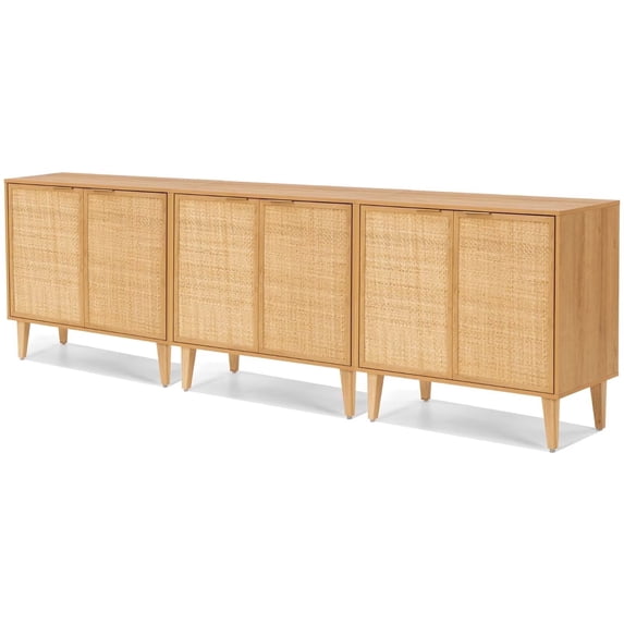 EYYTHUNG Accent Storage Cabinet Set of 3 Sideboard with Rattan Doors, Boho Farmhouse Buffet Cabinet Adjustable Shelf Credenza, Natural Oak