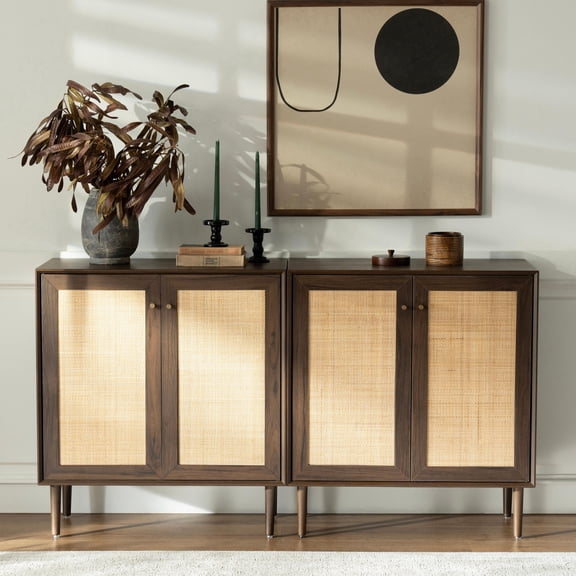 EYYTHUNG Accent Storage Cabinet with Rattan Doors Set of 2, Small Wood Cabinet Decorative Buffet Farmhouse Credenza, Walnut