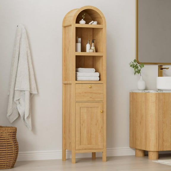 EYYTHUNG Arched Bathroom Narrow Storage Cabinet, 67" Tall Farmhouse Freestanding Tower Cabinet with Adjustable Shelf and Drawer Space Saving Organizer, Natural Oak