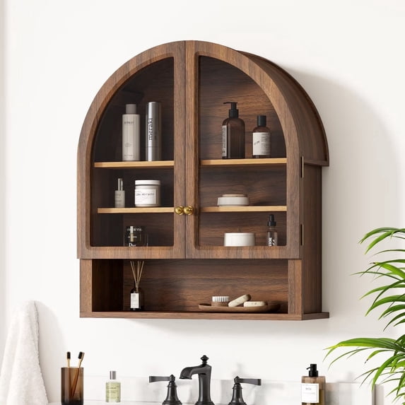 EYYTHUNG Arched Cabinet Wall Mounted, Bathroom Medicine Cabinets, Floating Storage Cabinet with Acrylic Door and Open Shelf, Brown Oak