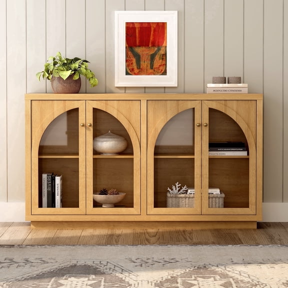 EYYTHUNG Arched Storage Cabinet, Modern Sideboard Buffet, Accent Display with Acrylic Door, Natural Oak