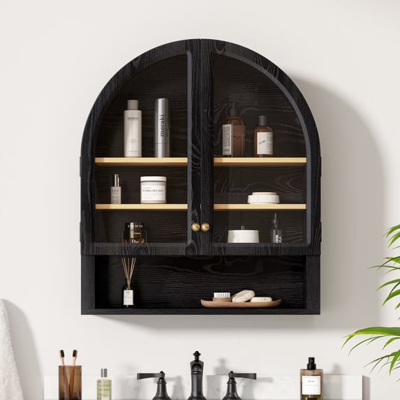 EYYTHUNG Arched Cabinet Wall Mounted, Bathroom Medicine Cabinets, Floating Storage Cabinet with Acrylic Door and Open Shelf, Black Oak