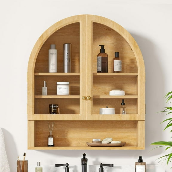 EYYTHUNG Arched Wall Cabinet, Floating Bathroom Medicine Cabinets with Acrylic Door and Open Shelf, Wall Mounted Storage Organizer for Bathroom, Laundry Room, Natural Oak