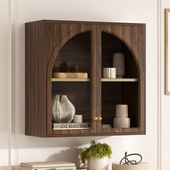 EYYTHUNG Bathroom Wall Cabinet, Medicine Cabinets with Arched Acrylic Door, Over Toilet Storage Cabinet with Adjustable Shelf, Brown
