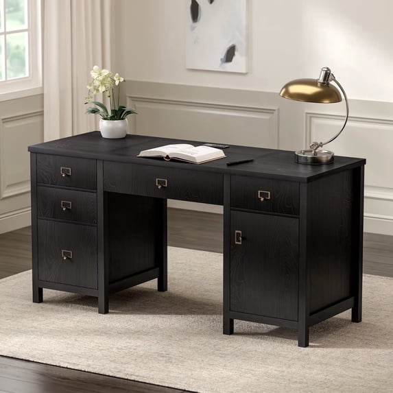 EYYTHUNG Black Executive Desk, 59" Modern Computer Desk with Charging Station and drawers, Black