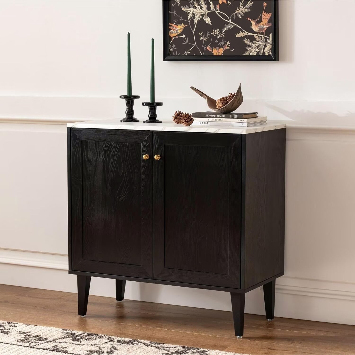 EYYTHUNG Black Storage Cabinet with Faux Marble Top & Adjustable Shelves, Modern Accent Cabinet Wooden Credenza Sideboard Buffet Cabinet