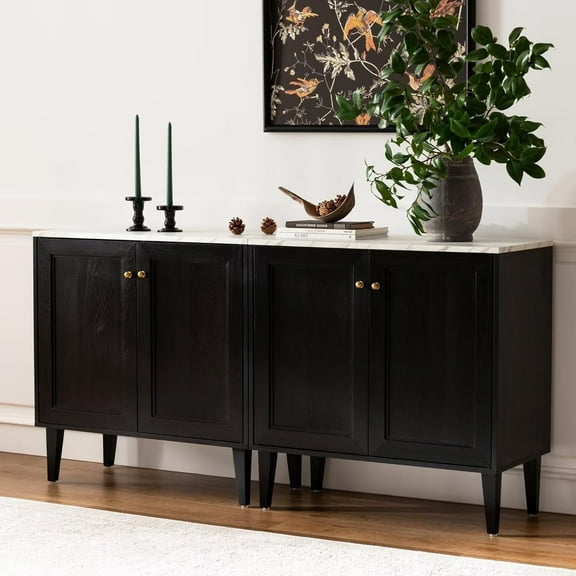EYYTHUNG Black Storage Cabinet Set of 2, Modern Sideboard with Adjustable Shelves & Faux Marble Top, Wooden Credenza Cabinet Console Table