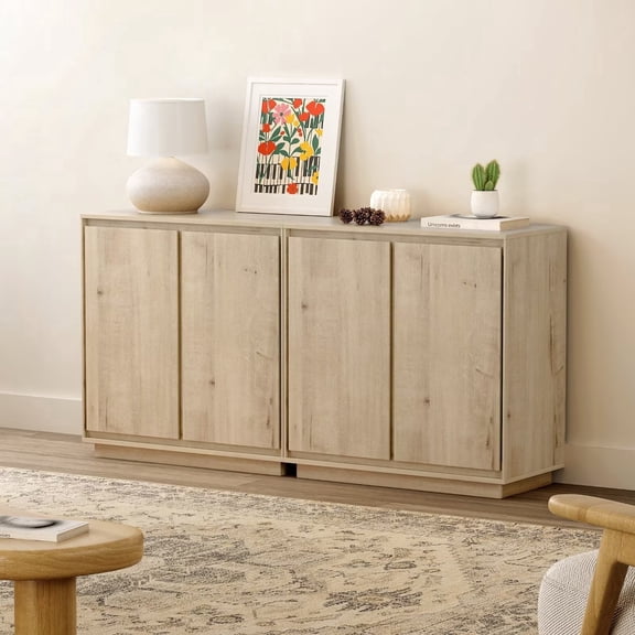 EYYTHUNG Buffet Storage Cabinet Set of 2, Sideboard Accent Cabinet Modern Credenza, Console Table, Light Oak