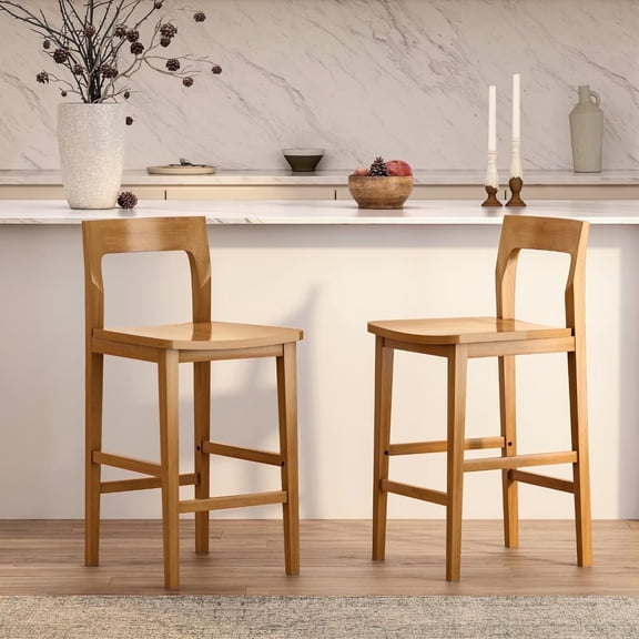 EYYTHUNG Mid-Century Wood Bar Stools Set of 2, Brown Counter Height Chairs, Dark Natural Oak