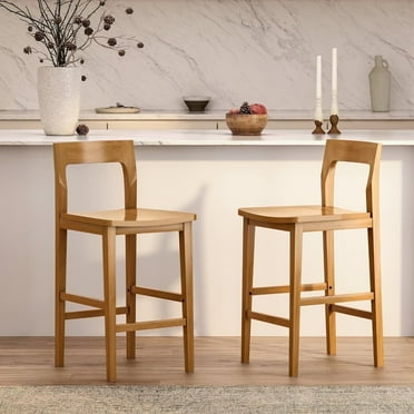 EYYTHUNG Mid-Century Wood Bar Stools Set of 2, Brown Counter Height Chairs, Dark Natural Oak