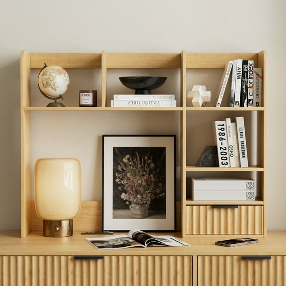 EYYTHUNG Desktop Bookshelf with Fluted Drawer, Wooden Countertop Shelf Mid Century Modern Desk Hutch Organizer Small Storage Bookcase for Dorm Home Office Study Vanity, Natural Oak