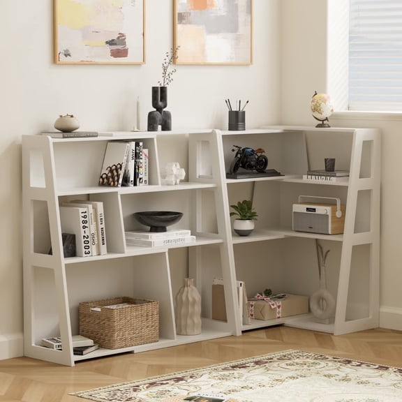 EYYTHUNG Extendable Bookshelves Set of 2, 3 Tier Wood Bookcases Storage Book Shelves Adjustable Organizer for Corner, White