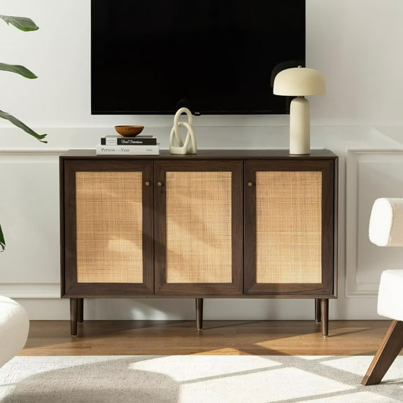 EYYTHUNG Farmhouse 3-Door Rattan Storage Cabinet, Solid Wood Entryway Buffet Sideboard Boho Credenza, Walnut