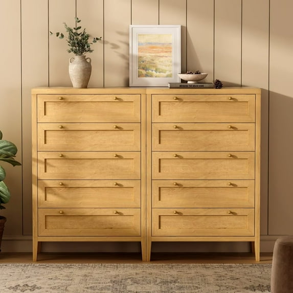 EYYTHUNG Farmhouse 5 Drawer Dresser 47" Tall Set of 2, Modern Storage Dressers Organizer, Wood Closet Chest of Drawers for Bedroom Living Room, Entryway, Natural Oak