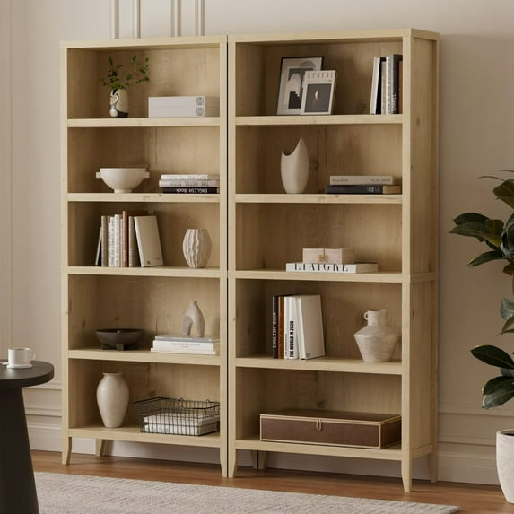 EYYTHUNG Farmhouse 71" Tall Bookshelf Set of 2, Large Freestanding Wooden Open Bookcase with Adjustable Shelf, Wood Display Book Shelf, Light Oak
