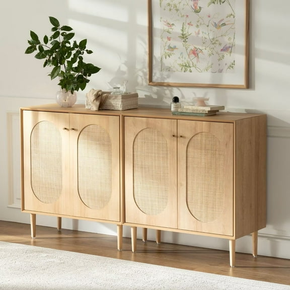 EYYTHUNG Farmhouse Accent Cabinet Set of 2 with Adjustable Shelves, Rattan Sideboard Storage Cupboard, Natural Oak