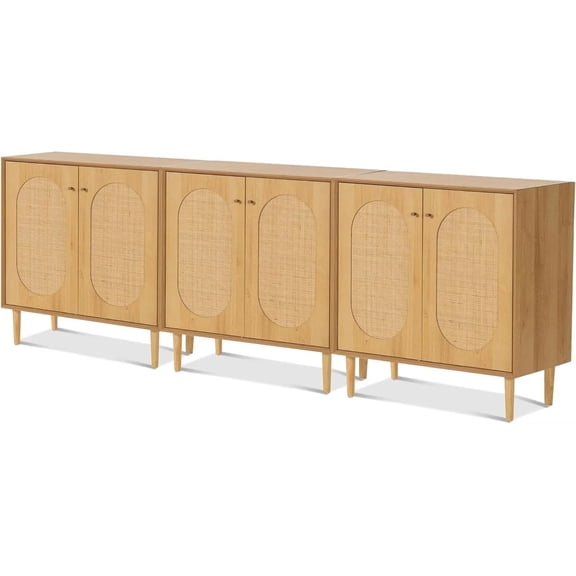 EYYTHUNG Farmhouse Accent Cabinet Set of 3 with Adjustable Shelves, Rattan Sideboard Storage Cupboard, Natural Oak