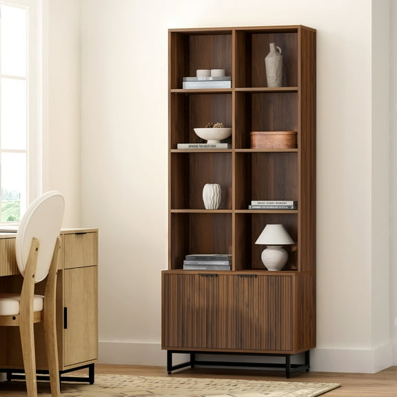 EYYTHUNG Farmhouse Bookshelf with Doors Cabinet, 71" Tall Storage Cabinet Bookcase 4 Tier Adjustable Shelves Storage Wooden Book Case, Brown