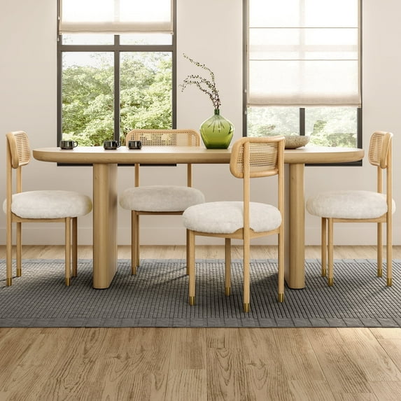 EYYTHUNG Farmhouse Dining Side Chairs, Set of 4, White Boucle and Natural Oak