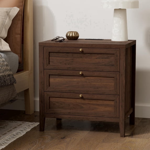 EYYTHUNG Farmhouse Night Stand with Charging Station, Wood Large Bedside End Table with 3 Storage Drawers, Modern Nightstands, Brown