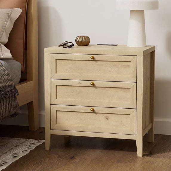 EYYTHUNG Farmhouse Night Stand with Charging Station, Wood Large Bedside End Table with 3 Storage Drawers, Modern Nightstands, Light Oak