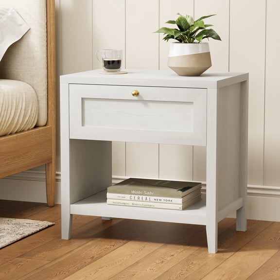 EYYTHUNG Farmhouse Nightstand Large Bedside End Table with Drawer & Open Storage, Mid Century Wood Night Stand, awer & Open Storage, Mid Century Wood Night Stand, Antique White