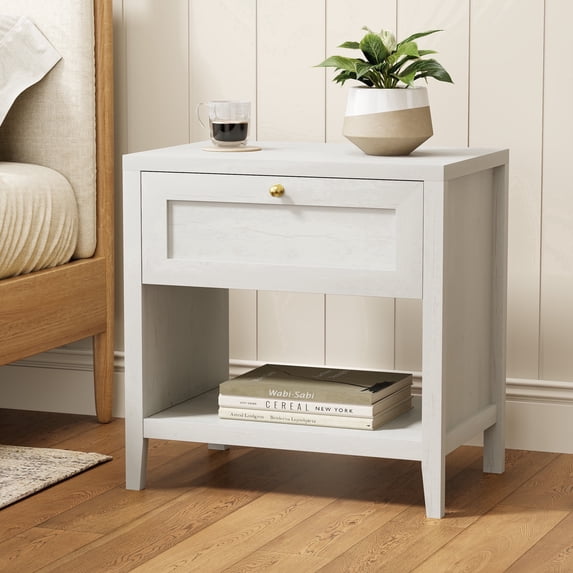 EYYTHUNG Farmhouse Nightstand Large Bedside End Table with Drawer & Open Storage, Mid Century Wood Night Stand, awer & Open Storage, Mid Century Wood Night Stand, Antique White