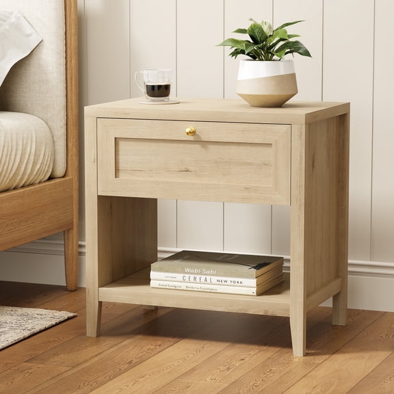 EYYTHUNG Farmhouse Nightstand Large Bedside End Table with Drawer & Open Storage, Mid Century Wood Night Stand, Light Oak